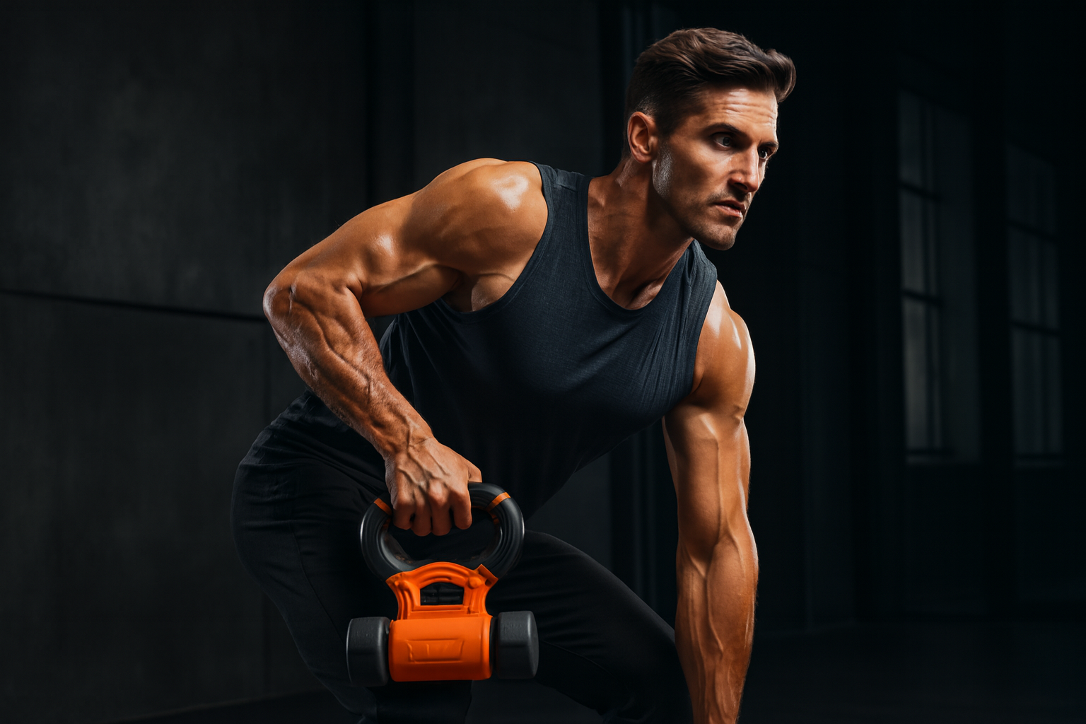 Sportif utilisant la kettlebell orange et noire